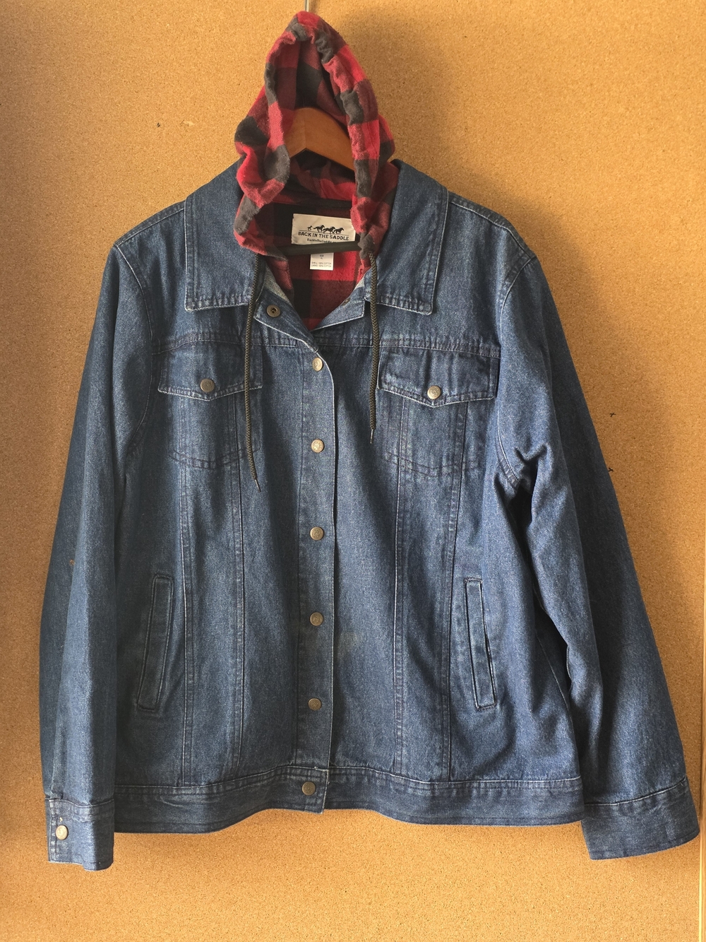 Back In The Saddle Plaid Flannel Lined Hooded Denim Trucker Jean Jacket XL Disc.